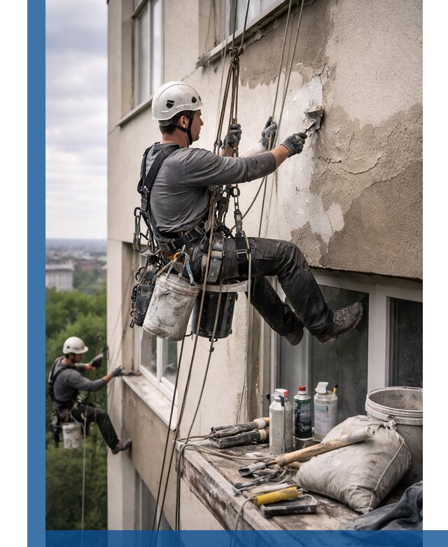 Косметический ремонт фасада зданий в Шуе промышленными альпинистами