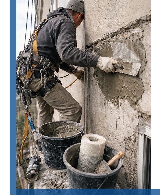 Ремонт бетонных элементов фасада промышленными альпинистами в Шуе