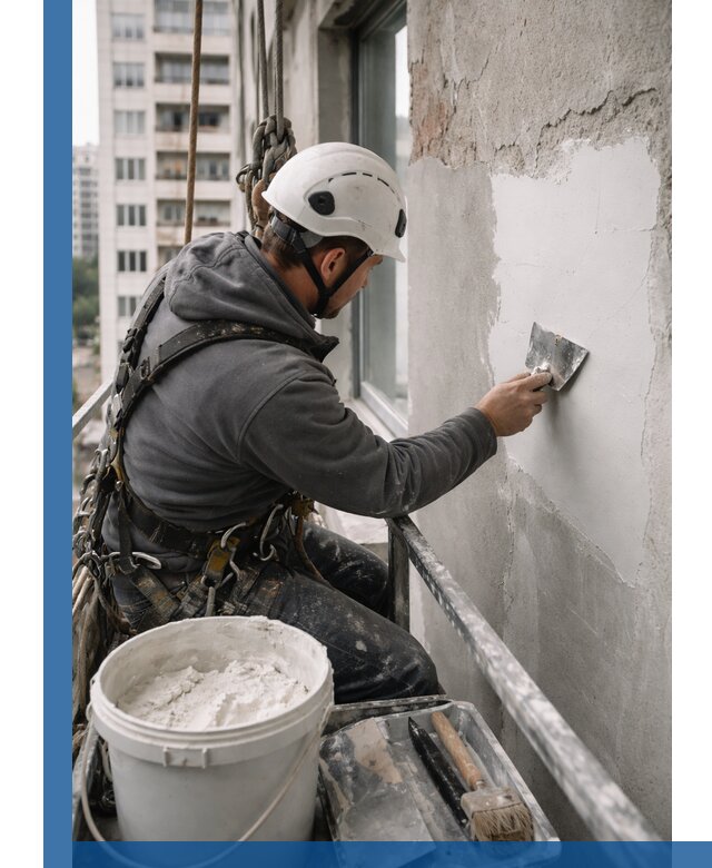 Шпаклевка фасадов на высоте с промальпинистами в Шуе