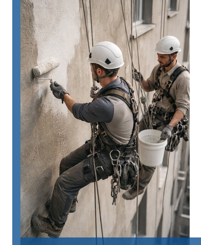 Грунтовка фасада на высоте в Шуе промышленными альпинистами