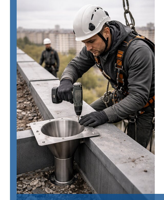 Монтаж водосточных воронок в Шуе для промышленных зданий