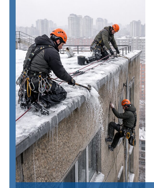 Удаление наледи с кровли в Шуе промышленными альпинистами