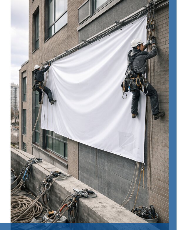 Монтаж баннеров на фасаде в Шуе от 668 р. заказать ВЫСОТНИК-Шуя