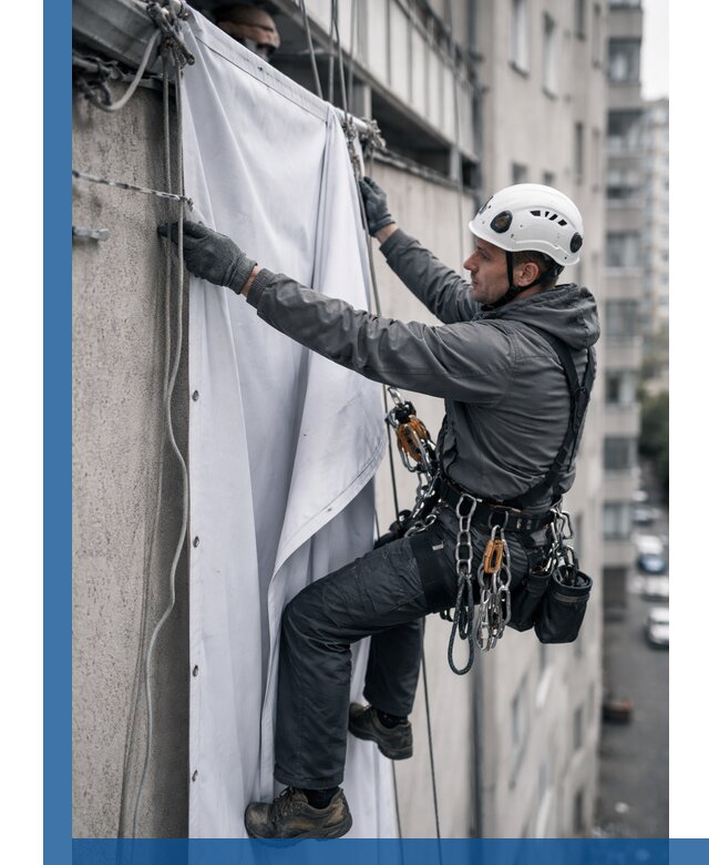 Замена баннерного полотна промышленными альпинистами в Шуе