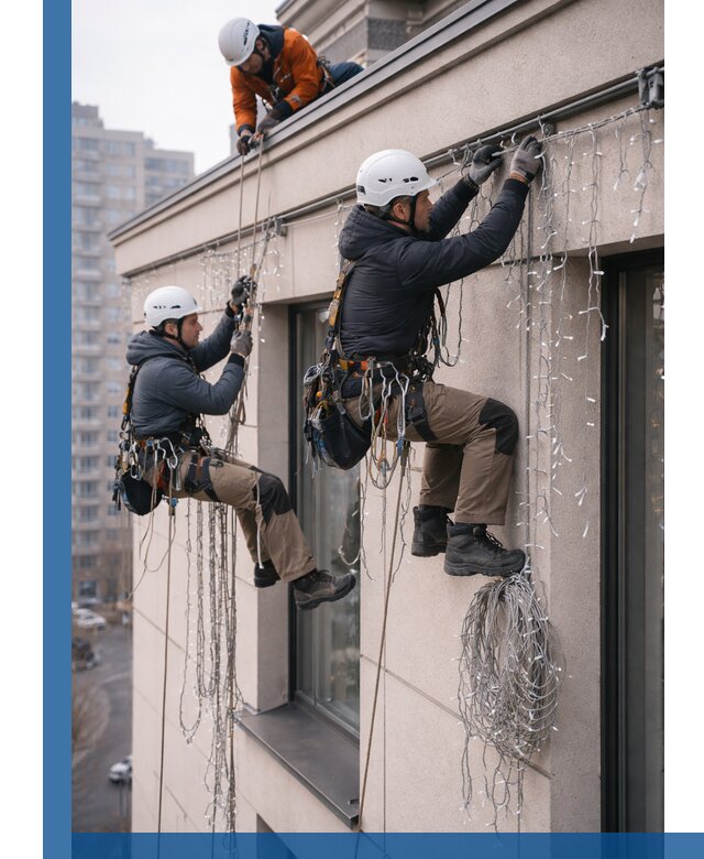 Монтаж праздничных гирлянд на фасаде в Шуе для зданий