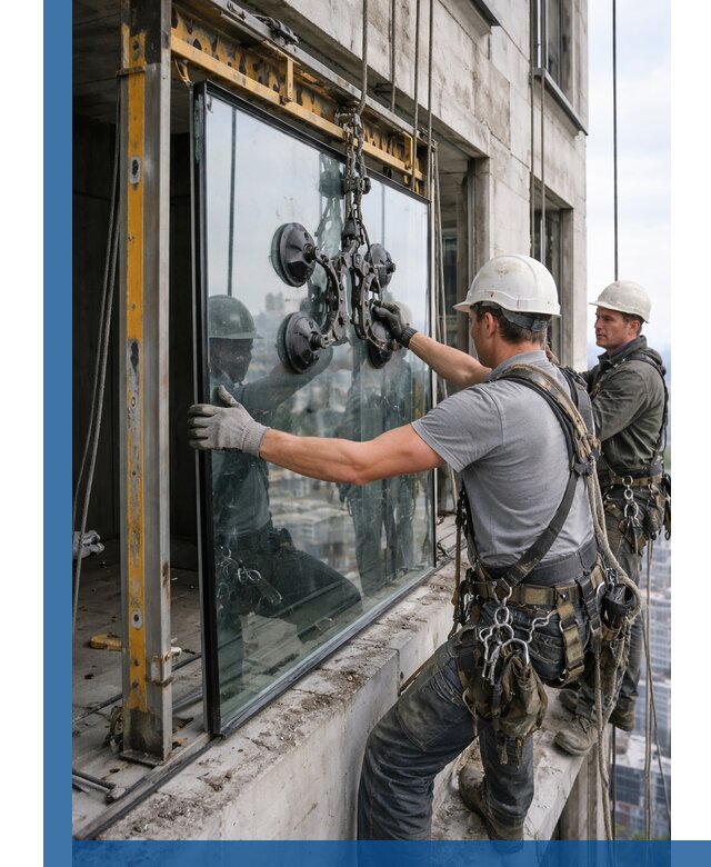 Монтаж стеклопакетов на высоте в Шуе с промышленным альпинизмом