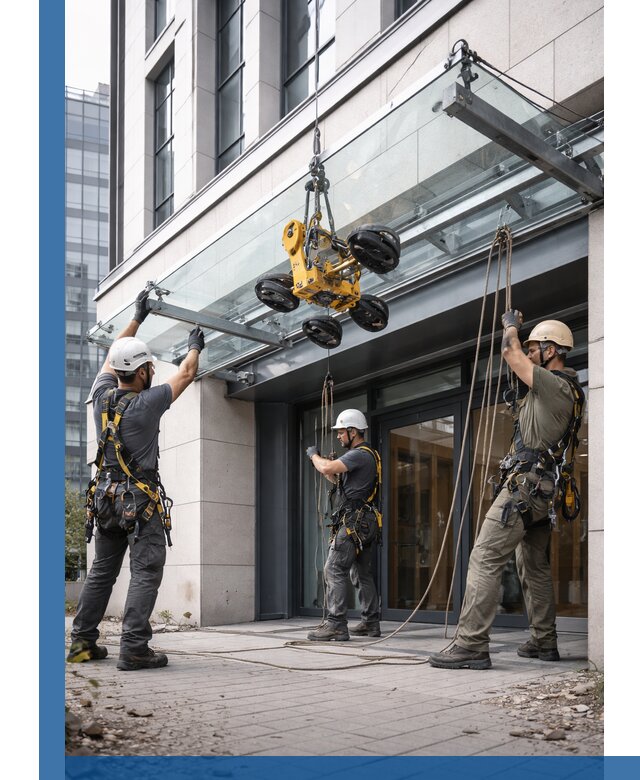 Монтаж стеклянных козырьков под ключ в Шуе для зданий