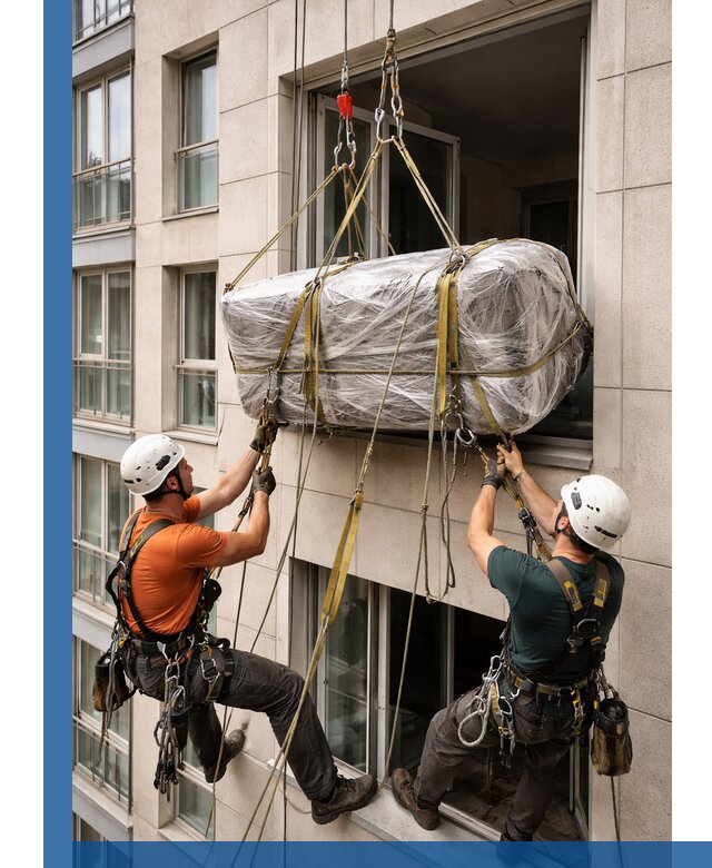 Подъем грузов через окно в Шуе промышленными альпинистами